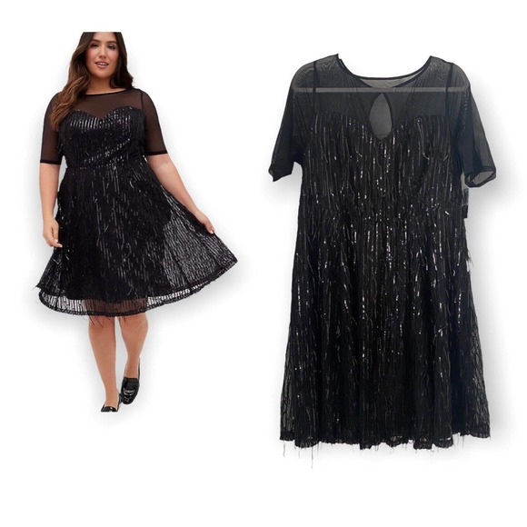 NEW TORRID ILLUSION SLEEVE SKATER DRESS - SEQUIN FRINGE BLACK FLAPPER SIZE 12 - Picture 1 of 4